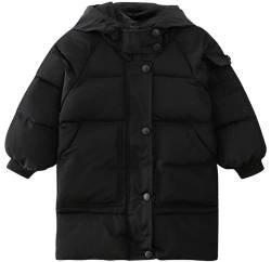 FEOYA Lange Daunenjacke aus Baumwolle mit Kapuze Mäntel für Jungen Winter Gefüllte Baby kleidung für Mädchen jacken Kinder Polyester Coat Reißverschluss Knopf Taschen Schwarz 110 von FEOYA