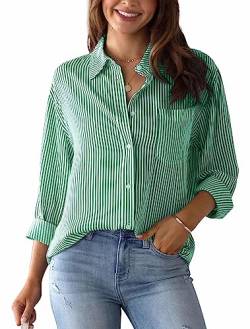 FEOYA Long Bluse Für Damen Gestreifte Oberteile V-Ausschnitt Langarmshirt Hemden Elegant Sommer Büro M Grün von FEOYA