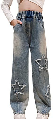 FEOYA Mädchen Jean Hosen Kinder Denim Hose Weitem Bein Jeanshose Streetwear mit Taschen Teenager Vintage Y2k Baggy Jeans Wide Leg Blau 1 150 von FEOYA
