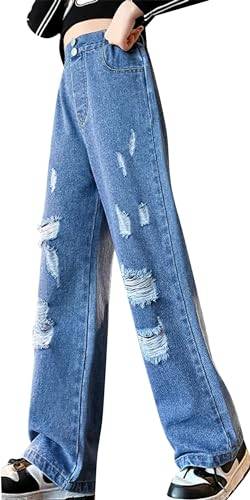 FEOYA Mädchen Jean Hosen Kinder Denim Hose Weitem Bein Jeanshose Streetwear mit Taschen Teenager Vintage Y2k Baggy Jeans Wide Leg Blau 3 150 von FEOYA