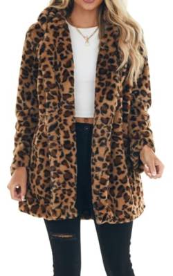 FEOYA Mantel Leopard Damen Faux Pelzmantel Fleecejacke Warm Winter Kunstpelz Mantel Plüsch Mittellang Cardigan Fleece Lang Langarm Plüschjacke Braun L Wintermantel Winterjacke Outwear Loose Fit von FEOYA