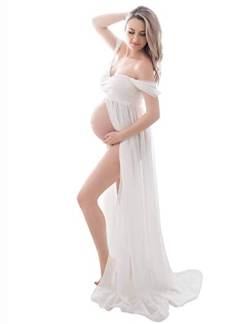 FEOYA Maxi Umstandskleid Chiffon Spitze trägerloses Kleid Split Front für schwangere Frauen Fotografie volle Länge, weiß, L von FEOYA