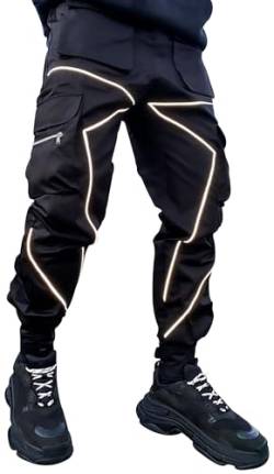 FEOYA Men's Hip Hop Cargo Pants Reflective Technical Harem Jogger Sweatpants with Multiple Pockets Schwarz S von FEOYA