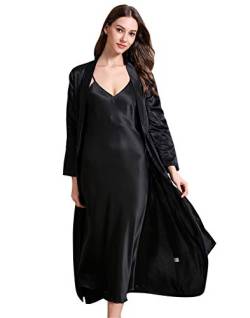 FEOYA Nachtkleid mit Morgenmantel Damen Satin Negligee Lang und Kimono Sleepwear 2 Stück Set Pyjama Robe Nachthemd mit Kimono Damen XL Schwarz von FEOYA