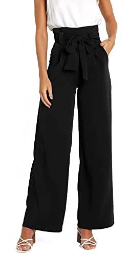 FEOYA Paperbag Hose Mit Weitem Bein Damen Palazzo Hose Elegant Formal Anzughose Hohe Taille Schwarz S Hose Weite Beine mit Elastischem Bund Taschen Marlenehose Leichte Hose Breites Bein Pants Lang von FEOYA