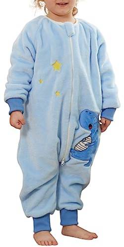 FEOYA Pyjama Junge Mädchen mit Ärmeln Baby Schlafsack Flanell Kinder Schlafsack Winter Herbst Cartoon Kostüm Tier Schlafanzug Set Neugeborenes Dinosaurier Blau 2-3 Jahre von FEOYA