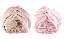 FEOYA Schlafmütze Turban Damen 2 Stück Seide Beanie Mütze Turban Schlafmütze Seiden haube für lockiges Haar mit Gummizug Frauen Haarpflege Seide Haarwickel zum Schlafen Rosa+Khaki Einheitsgröße von FEOYA