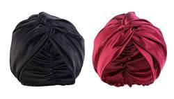 FEOYA Schlafmütze Turban Damen 2 Stück Seide Beanie Mütze Turban Schlafmütze Seiden haube für lockiges Haar mit Gummizug Frauen Haarpflege Seide Haarwickel zum Schlafen Schwarz+Weinrot Einheitsgröße von FEOYA