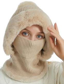 FEOYA Schlupfmütze Damen Sturmhaube Winddicht Schalmütze Fleece Gefüttert Wintermütze Warm Strickmütze Winter Strick Balaclava Mütze Kapuzen-Schal Gesichtshaube für Winter von FEOYA