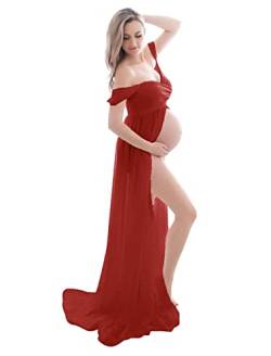 FEOYA - Schwangerschaftskleid Fotoshooting Damen Maxi Lange Umstandskleider Elegant für Mütter Geschenke Festlich Party Schwangere Kleid Frauen Chiffon für Fotografie Requisiten - Rot - M von FEOYA