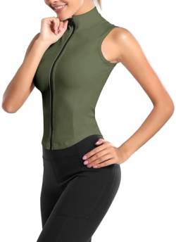 FEOYA Slim Fit Full Zip Sportweste für Frauen Workout Gym Crop Tops Ärmellos Yoga Laufen Tanktops Skinny Sport Gym Weste Top Damen Schnelltrocknend Sportlich Ärmellose Shirts Fitness Top Grün S von FEOYA