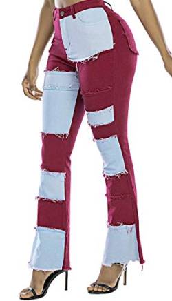 FEOYA Stretch Jeans Flare-Jeanshose Jeanshose Patchwork-Jeans Für Damen Skinny Bootcut Frauen Hoch Taille Schlagjeans-Rot-3XL von FEOYA