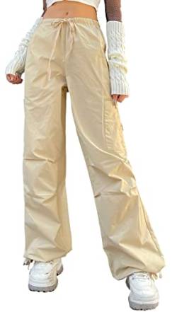 FEOYA Sweathose Damen Cargo Denim Straight Hosen Weites Bein Outdoorhose Gummibund Baggy Hose Hersteller M/DE Größe 36-38-C-Beige von FEOYA