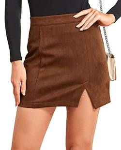 Female Rock Wildlederimitat Kurz Skirt Wildleder Minirock Basic Freizeit Regular Fit Sexy Damenröcke Noos Rock Mädchen Rock Pencil Skirt Fauxsuede Short Skirt-Braun-L von FEOYA