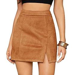 Female Rock Wildlederimitat Kurz Skirt Wildleder Minirock Basic Freizeit Regular Fit Sexy Damenröcke Noos Rock Mädchen Rock Pencil Skirt Fauxsuede Short Skirt-Khaki-L von FEOYA