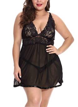 Feoya Große Größen Spitze Negligee V-Ausschnitt Babydoll Lingerie Öffnen Zurück Nachtwäsche Kleid Dessous Unterwäsche für Damen Schwarz XXXXL von FEOYA