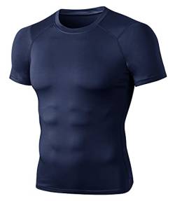 Herren Kurzarm Sportshirt Sportbekleidung Rundhals-Ausschnitt Slim Fit T-Shirt Funktionsshirt Männer Athletischen Sport Top Fitness T-Shirt Laufshirt Kompressionsshirt-Dunkelblau-S von FEOYA