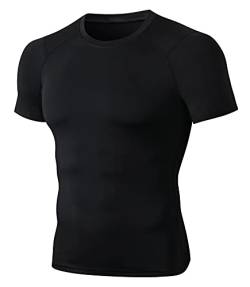 Herren Kurzarm Sportshirt Sportbekleidung Rundhals-Ausschnitt Slim Fit T-Shirt Funktionsshirt Männer Athletischen Sport Top Fitness T-Shirt Laufshirt Kompressionsshirt-Schwarz-L von FEOYA