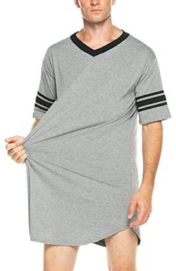 Herren-Pyjamas Baumwolle Kurzarm Nachthemden Schlafhemden V-Ausschnitt Nachtwäsche Patchwork Casual Homewear Einteiliger Schlafanzug Nachtwäsche Männer Knielang Herrennachthemden-Grau-Größe L von FEOYA