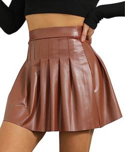 Lederrock Damen Sexy Kurz Plissee Rock Party Hohe Taille PU Minirock Leder Ausgestellter Rock Einfarbig Skater Rock Sommer Clubwear Skirt XXL von FEOYA