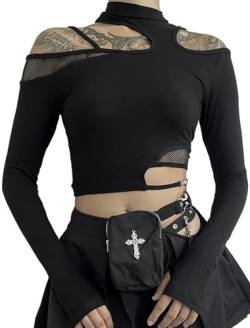 Women's Crop Top Cold Shoulder Y2k Gothic Crop T-Shirt Crew Neck Tops Long Sleeve Punk Shirt with Wave Hem - XS von FEOYA