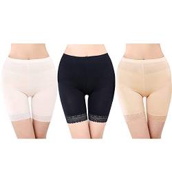 FEPITO 3 Pairs Frauen Unter Rock Shorts Sicherheitshosen Weiche Stretch Lace Trim Leggings Kurze Yogahosen Plus, Black+White+Skin, Free von FEPITO