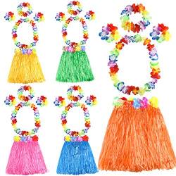 FEPITO 5 Set 25 Stück Hawaiian Gras Hula Sets enthalten Blume Leis Halskette Stirnband Armbänder Luau Rcke für Kinder Hawaii Kostüm Tropical Luau Birthday Party Supplies von FEPITO