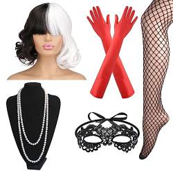 FEPITO 7 Stück Schwarz-Weiß Perücken Cosplay Kostüm Set Halloween Party Perücke Kunststoffhalter Perlenperlen Lange Handschuhe 1920er Jahre Zubehör Kostüm für Frauen Weihnachten von FEPITO