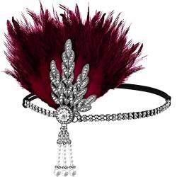 FERCAISH 1920er Jahre Flapper Stirnband, brüllende 20er Jahre Rote Feder Kristall Stirnband Bachelor Party Feder Stirnband, Great Gatsby Haarschmuck für Frauen (Rot) von FERCAISH