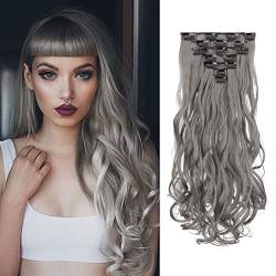 FESHFEN Clip in Extensions 7 Teile Set 16 Clips Wellig Haarverlängerung Clips Haarteil Extensions Synthetik Gewellt Clip in Haarextension Silbergrau Haarteile für Frauen, 50cm von FESHFEN