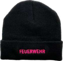 Pudelmütze Black, Feuerwehr neonpink eingestickt (3M Thinsulate-atmungsaktiv) von FEUER1