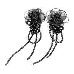 FEYLIE Ohrringe, böhmische weiße schwarze Blumen-Ohrringe für Frauen, Statement-Schmuck, handgefertigte Kristall-Quaste, Organza-Blumen-Ohrring-Geschenke, Approx.14.1x5cm/5.55x1.97", Netzgarn+Kristall von FEYLIE