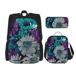 Bunte Blumendruck Rucksack Kombination dreiteiliges Set Schultasche + Federmäppchen + Lunchtasche Unisex von FFEXS