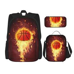 FFEXS Basketball Print Rucksack Kombination Dreiteiliges Set Schultasche + Federmäppchen + Lunchtasche Unisex von FFEXS