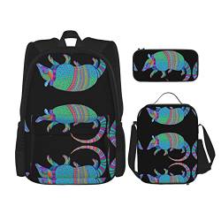 FFEXS Bunte Tiere Druck Rucksack Kombination dreiteiliges Set Schultasche + Federmäppchen + Lunchtasche Teenager Erwachsene Unisex von FFEXS