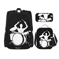 FFEXS Drummer Print Rucksack Kombination dreiteiliges Set Schultasche + Federmäppchen + Lunchtasche Unisex von FFEXS