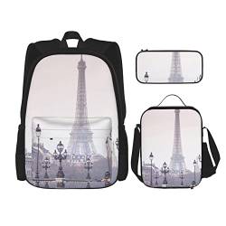 FFEXS Eiffelturm Druck Rucksack Kombination dreiteiliges Set Schultasche + Federmäppchen + Lunchtasche Unisex von FFEXS