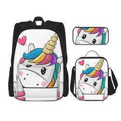 FFEXS Niedliche Einhörner Druck Rucksack Kombination dreiteiliges Set Schultasche + Federmäppchen + Lunchtasche Unisex von FFEXS