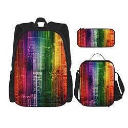 FFEXS Regenbogen City Print Rucksack Kombination dreiteiliges Set Schultasche + Federmäppchen + Lunchtasche Unisex von FFEXS