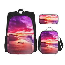 FFEXS Schöner Strand Sonnenuntergang Druck Rucksack Kombination dreiteiliges Set Schultasche + Federmäppchen + Lunchtasche Unisex von FFEXS