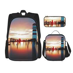 FFEXS Seaside Leuchtturm Druck Rucksack Kombination dreiteiliges Set Schultasche + Federmäppchen + Lunchtasche Unisex von FFEXS