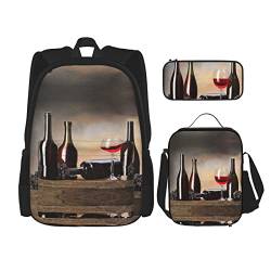 FFEXS Traubenweindruck Rucksack Kombination Dreiteiliges Set Schultasche + Federmäppchen + Lunchtasche Teens Erwachsene Unisex von FFEXS