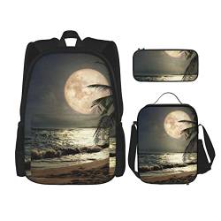 FFEXS Tropical Beach Palme Night Print Rucksack Kombination Dreiteiliges Set Schultasche + Federmäppchen + Lunchtasche Unisex von FFEXS