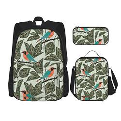 FFEXS Tropische Pflanzen Druck Rucksack Kombination Dreiteiliges Set Schultasche + Federmäppchen + Lunchtasche Unisex von FFEXS