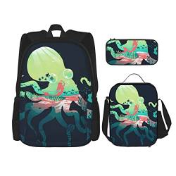 FFEXS Unterwasser Ocean Octopus Print Rucksack Kombination Dreiteiliges Set Schultasche + Federmäppchen + Lunchtasche Unisex von FFEXS