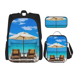 FFEXS White Beach Tropical Meer Print Rucksack Kombination dreiteiliges Set Schultasche + Federmäppchen + Lunchtasche Unisex von FFEXS