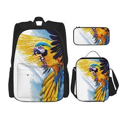 Granatapfel Muster Druck Dreiteiliges Set Rucksack Crossbody Lunchtasche Stifttasche Set Kombination Teens Erwachsene Unisex, Fliegender Papageienaufdruck, Einheitsgröße, Rucksack, lässig, tragbar, Reisen von FFEXS