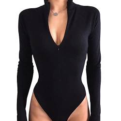 Damen Body Rollkragen Body Sexy Langarm Oberteil Bodysuits Tops Unterziehbody Leotards mit Reißverschluss Oberteil Overall Elegant Langarmbody für Frauen von FFWTPY