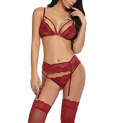 Damen Dessous Sexy Set mit Strumpfgürtel 3-teiliges Reizwäsche Spitze Unterwäsche Strapsen BH und Slip Flirty Babydoll Body Negligee Große Größen Lingerie Frauen von FFWTPY