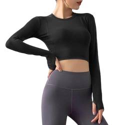 Damen Langarm Laufshirt Nahtloses Sport Oberteil Funktionsshirt Atmungsaktiv Yoga Crop Top Bauchfrei Leicht Sportshirt für Frauen Fitness von FFWTPY